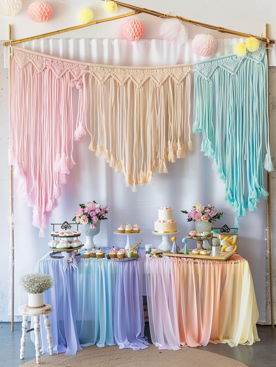 Boho-themed party design. Decorate with pastel-hued macrame hangings.