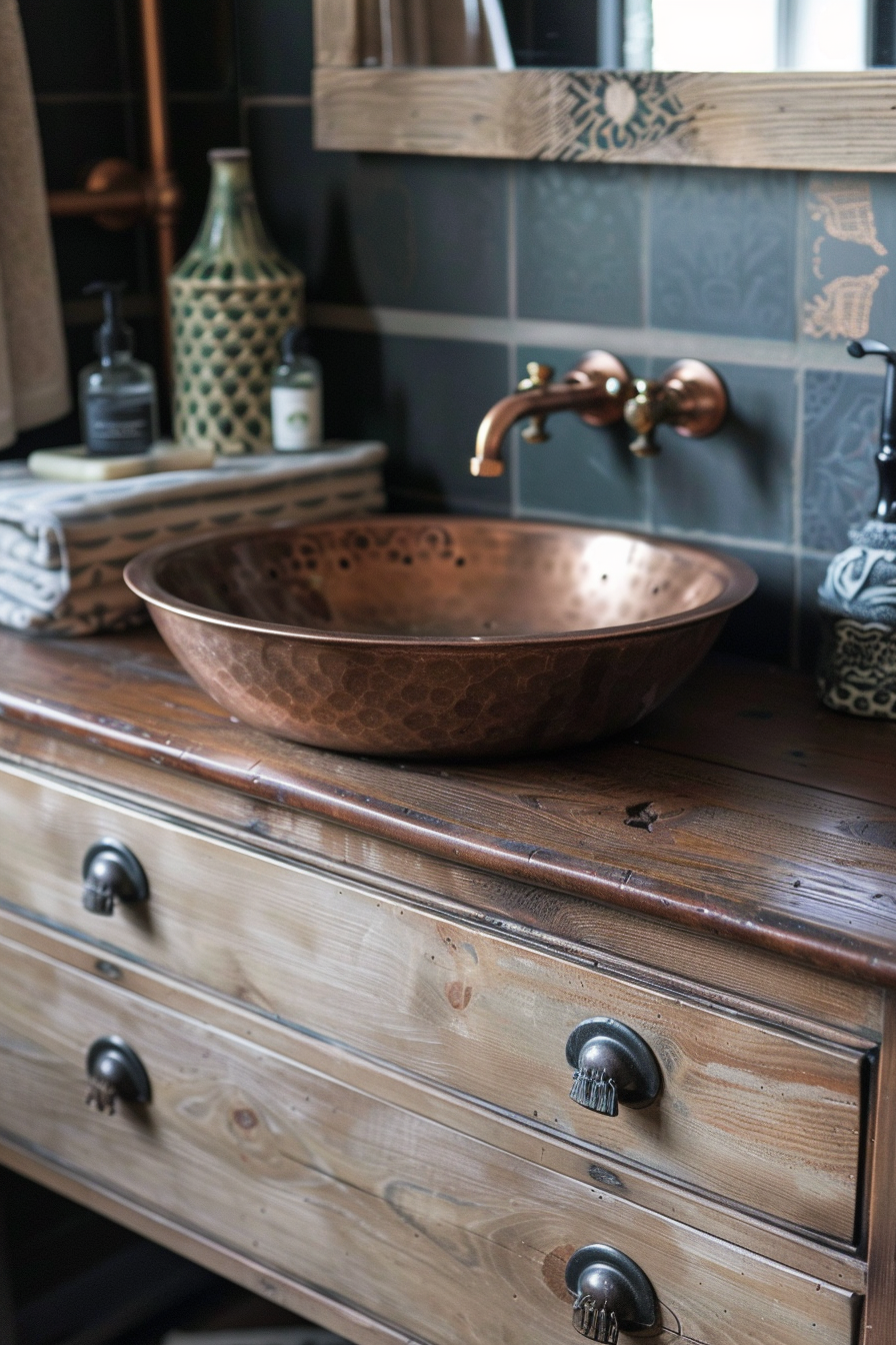 Boho bathroom. Wooden vanity featuring a vessel sink and copper faucet.