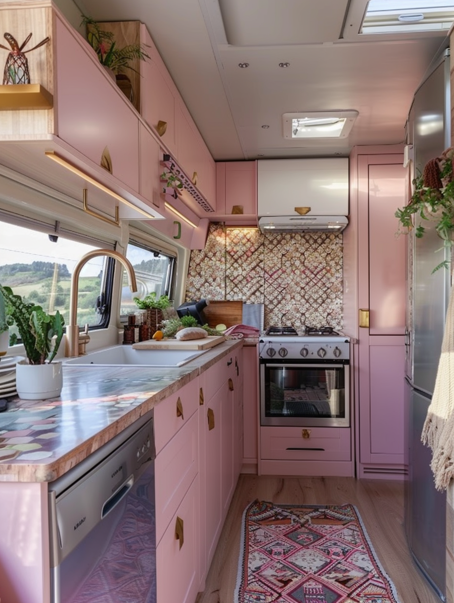 Full interior view of Boho-designed camper. Pastel pink kitchen cabinets with patterned Aztec backsplash.