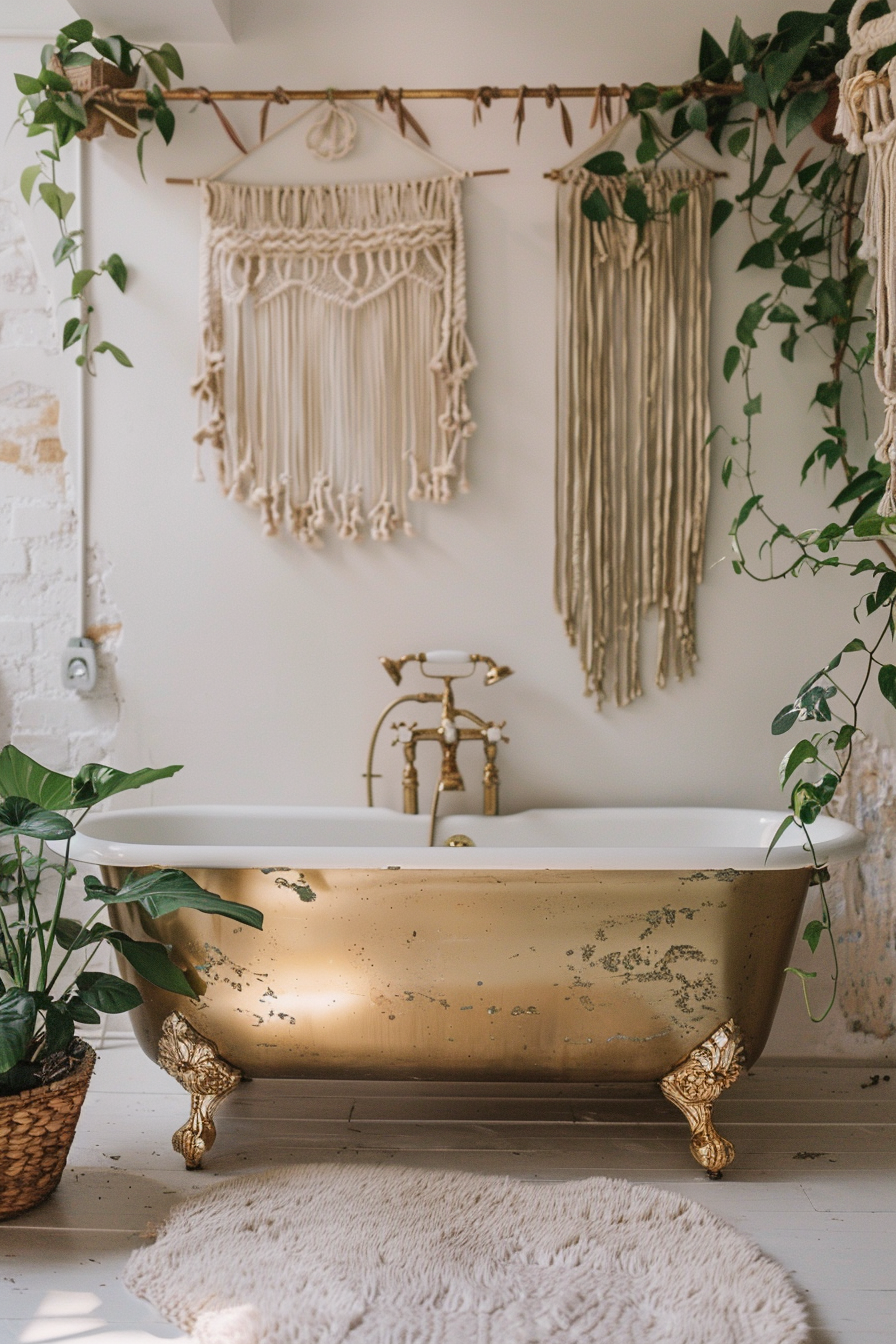 Earthy Boho Bathroom. Gold standing bathtub with hanging macrame plant hangers.