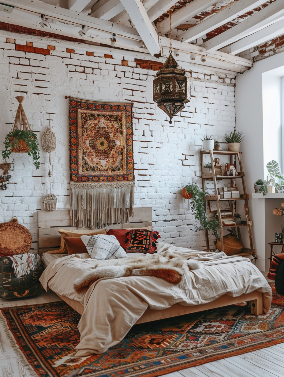 Loft bedroom interior, boho chic style. A wide view showing a whitewashed room with exposed beams overhead. A large boho lantern hangs from the highest part, casting soft light on distressed wood floors. A king-sized bed with an elaborately carved antique wooden headboard resides in the mid-region of the room against a brick accent wall. The bed is adorned with layers of velvet, silk, and crocheted textiles in deeply saturated hues, accented with bold-patterned pillows. A kilim rug sprawls in front of the bed where a plush Moroccan puff is set as a seat. Potted macrame hanging plants elegantly cascade from ceiling hooks, while a weaving wall tapestry punctuates bordering solid-colored wall touching the wide loft windows dressed with sheers. Ladder with small assorted tassel throws draped over is tucked in a corner on one side and robust rows of bookshelves with an assortment of books, vintage artifacts, uniquely shaped candles, and little exotic trillion pots filled with plants grace the alternate side of a brick accent wall.