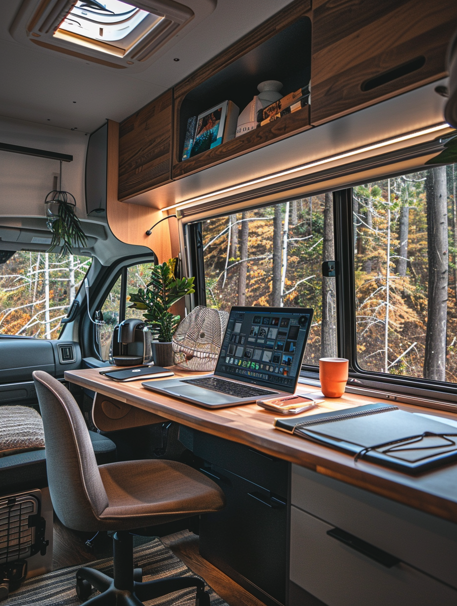 Interior of an RV for remote working and living. Built-in desk beneath a large window.