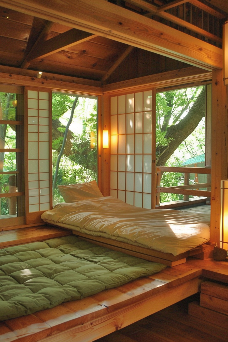 Japanese tiny house interior. Raised platform futon with sliding shoji screens.