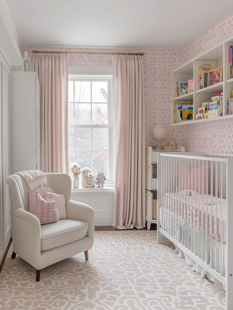 Wide view of Modern Pink Nursery. Floor-length powder pink curtains on a large window, centrally-placed white crib with pink and white bedding, stark white walls with a single wall featuring a subtle pink geometric wallpaper, a cozy beige armchair with a small white side table and a towering white bookcase filled with colorful children's books.