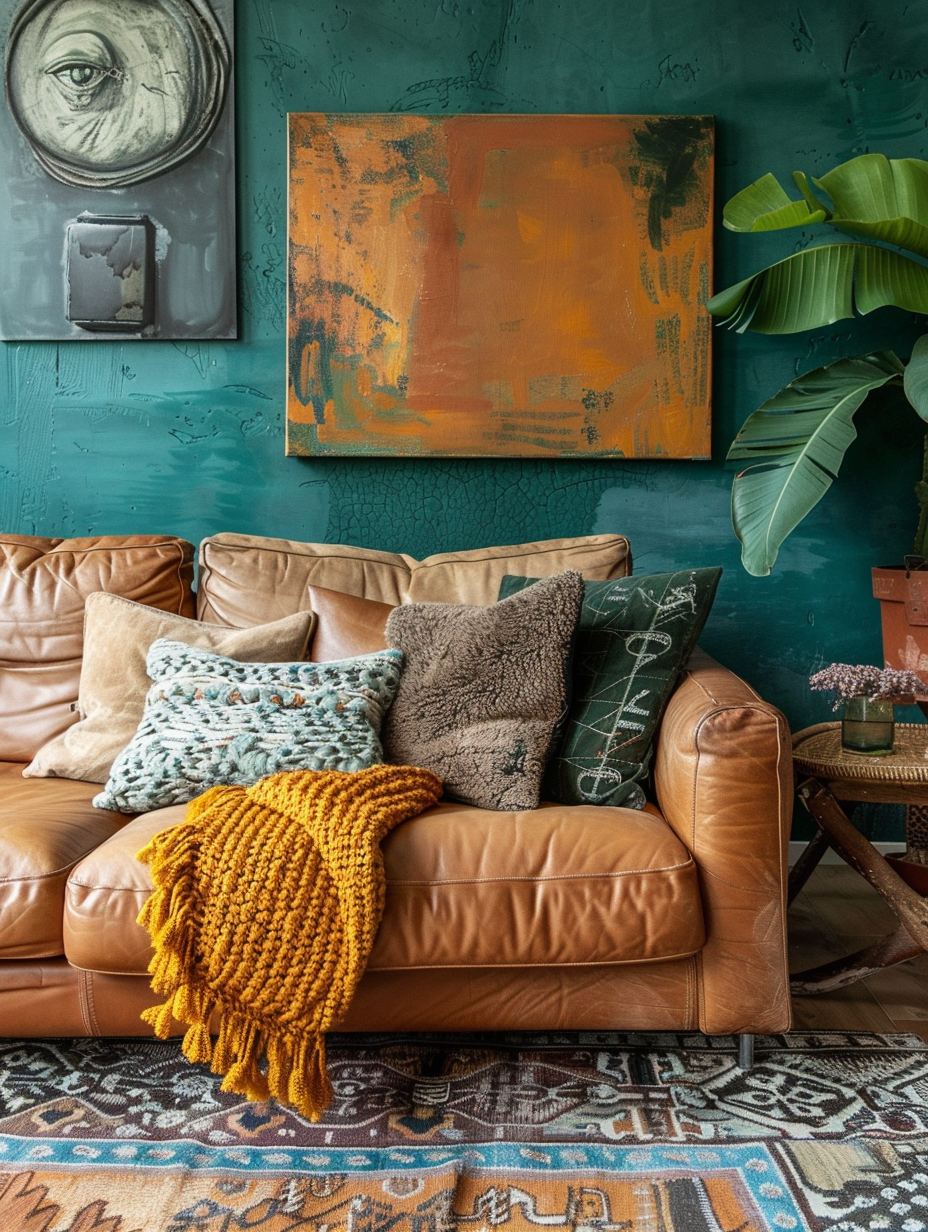 Living room. Vintage leather sofa, marigold knit throw blanket, faded tribal area rugs, mismatching scatter cushions and abstract boho canvas art on a washed out teal wall.