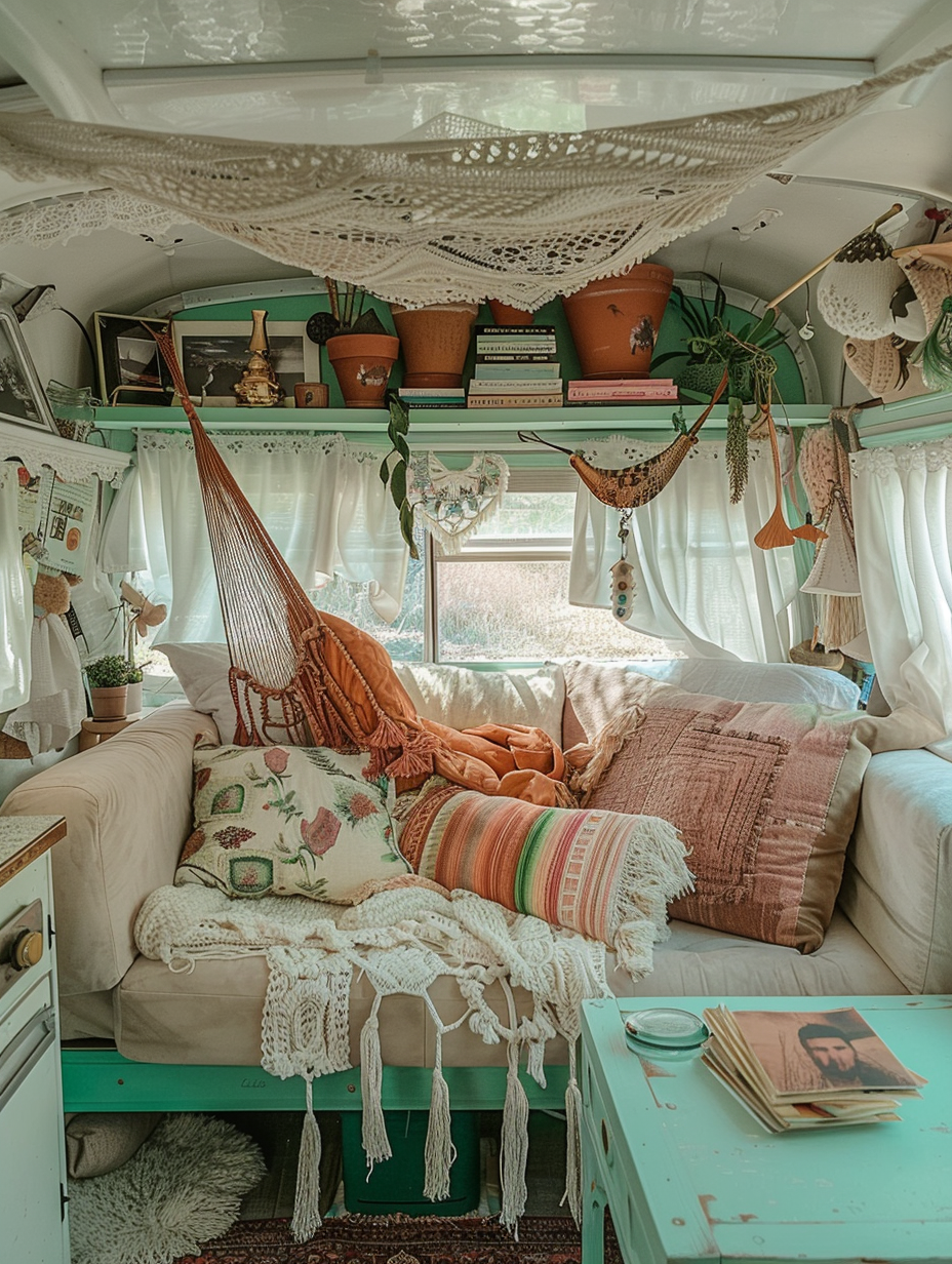 Interior view of boho camper. Cream suede sofa, white lace curtains, pastel turquoise mini kitchenette with brass fittings, mint green coffee table with stack of vintage postcards, tan shag carpet, overhead trio of hanging terracotta pots with palm leaves, macrame hammock chair with sunset pastel striped cushion, bookshelf fully dressed with adventure novels and aztec patterned decorative pieces skirting a cozy queen bed dressed in blush and lavender bedding with chimayo style throw.