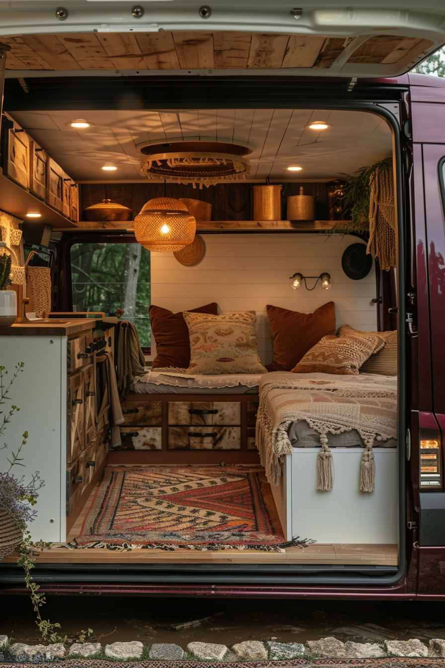 Boho Camper Sprinter Van. Maroon exterior with indoor copper pendant lights.