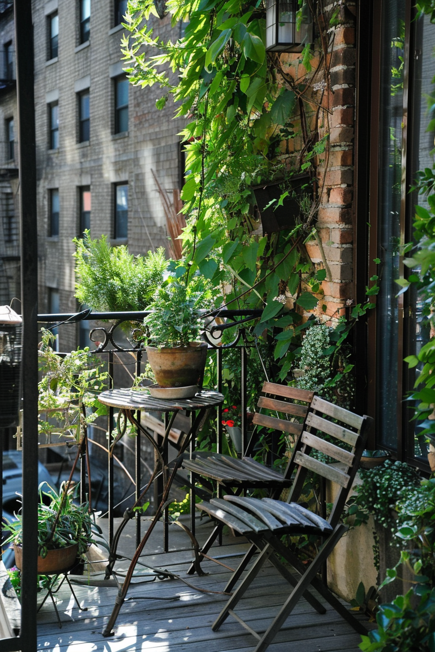 Rustic small urban balcony. Climbing ivy with weathered wooden folding chairs.