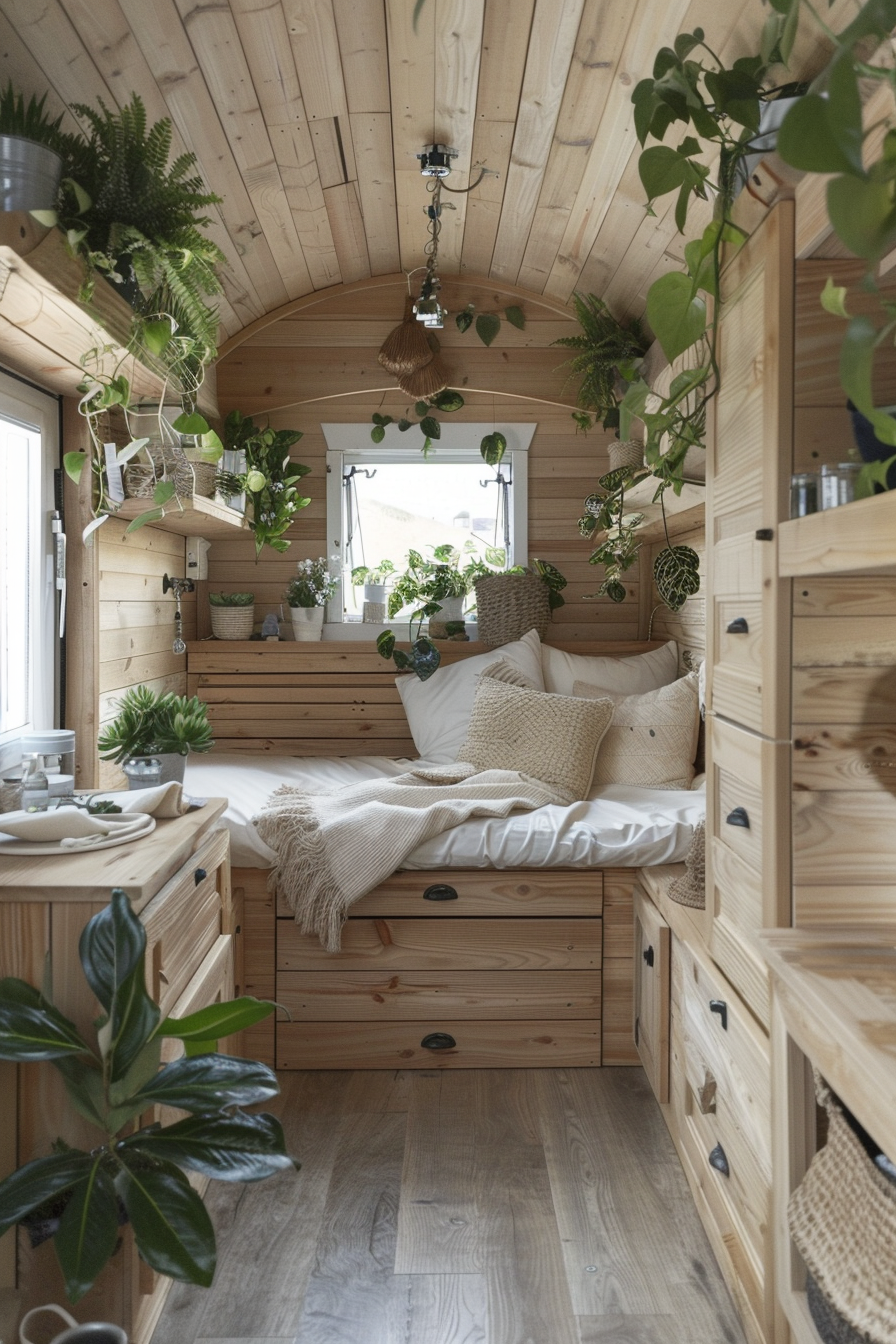 Small camper interior view. Natural wood panels with hanging plants and compact foldable furniture.