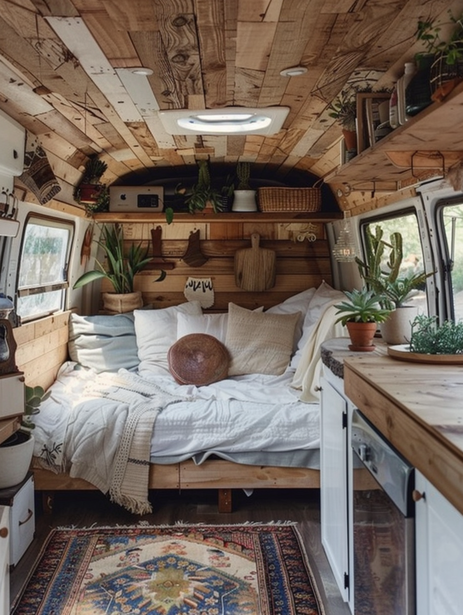 Boho designed camper. Natural wood paneling, white Turkish rug, potted succulents and raw-edged wooden shelves.