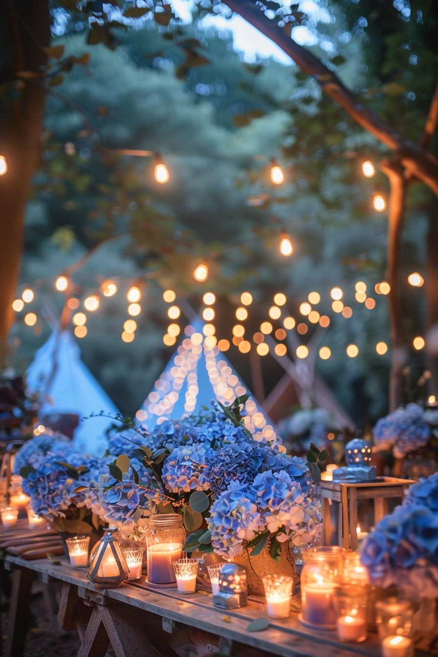 Blue themed glamping. An impressive mantle of delicate, pale-blue hydrangeas scattered across decorative lantern-lit tables adorned with cerulean blueberry scented candles, surrounded by majestic navy blue tepees with strings of twinkling LED fairy lights in cooler tones, draped all around the site.