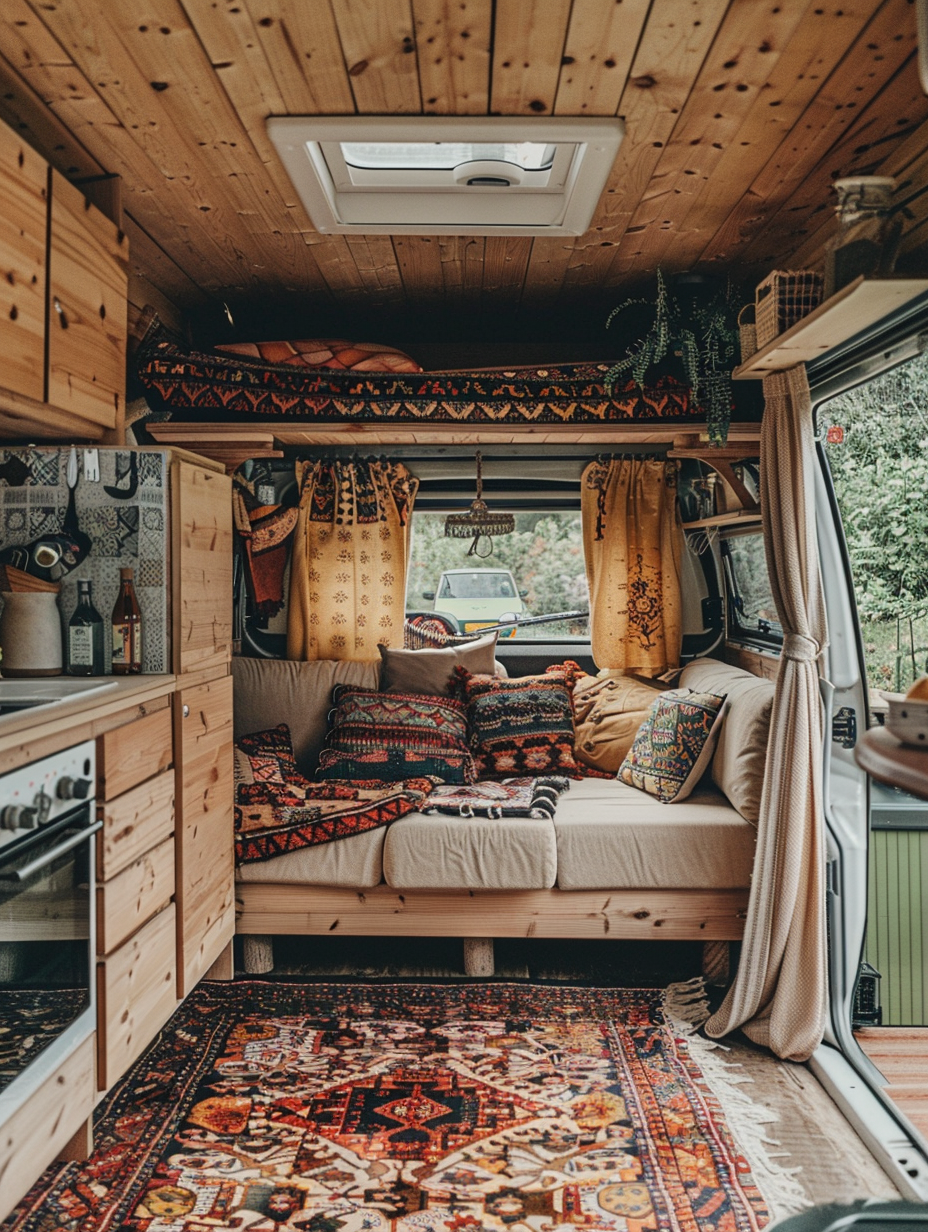 Boho Design Camper. Exposed wood panelling interior with a butter cream pin-tucked sofa, terracotta kilim rug, vintage cream macrame wall hanging, pascii patterned curtains in earth tones and a small open kitchen area accessorised with authentic colourful Moroccan ceramic dinnerware.