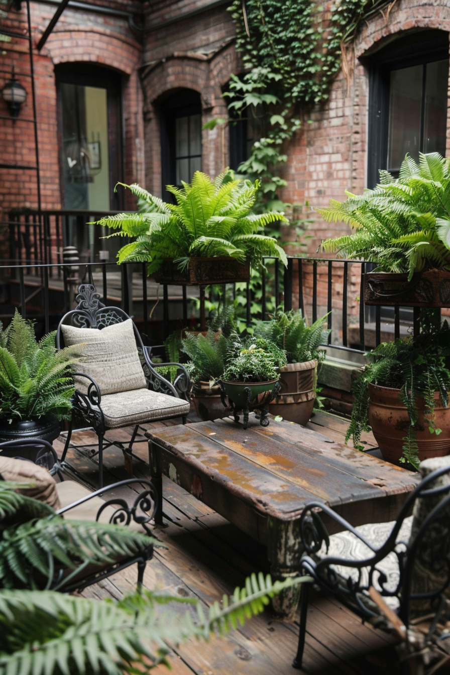 Rustic urban balcony. Wrought iron chairs with cushions, large potted ferns, distressed wooden coffee table.