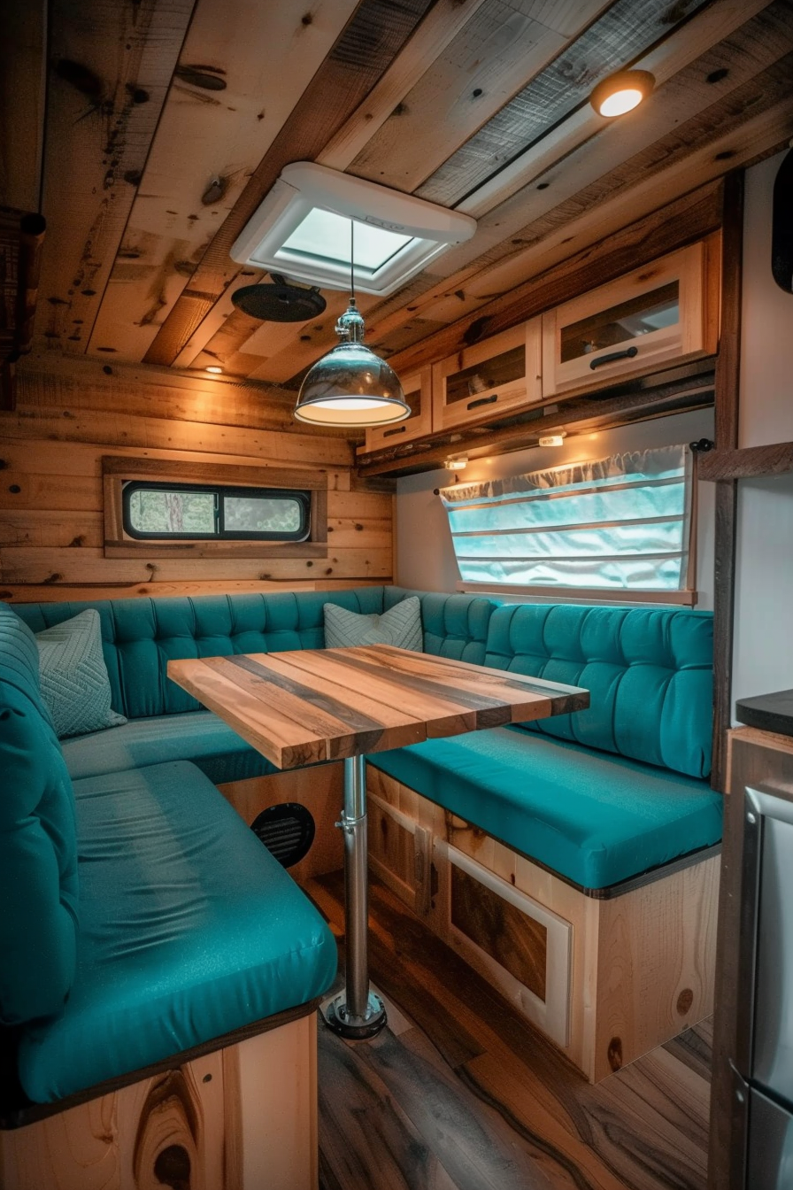 View of a small camper interior. Hickory wood kitchen furniture with turquoise cushions on build-in seating and a chrome finished lamp hanging from the ceiling.