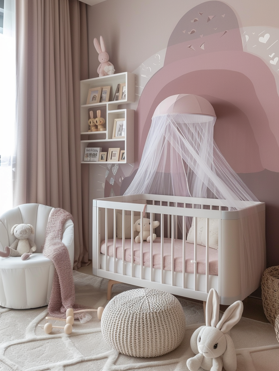 Modern pink nursery. Mauve-colored accent wall with an abstract, geometric mural, a Scandinavian-style white crib, a mesh tulle canopy hanged upon the crib, a collection of plush rabbits in varying sizes scattered on a natural wool carpet, bookshelves mounted asymetrically filled with baby's pictorial books, a pale pink, tufted ottoman paired with a white plush rocking chair, soft natural lighting coming from a large picture window presenting a view of a private garden.