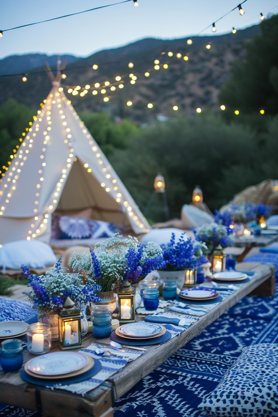 Blue themed glamping. Cerulean fairy lights draped over royal blue glossy tents set against a background adorned with bouquets of sky blue hyacinths and mountain blue delphiniums. At every corner, vintage cerulean gas lanterns provide a subdued glow, while glass mason jars filled with stead electric sea blue candles dot pathway borders. Tables lie under white-dotted blue neck curtains, laid with plates propped onto white coasters and blue-themed nutrient tablewares, completed by a dusty-blue-cloth-dressed table furnished with winter bell flower vases. A prominent cobalt and azure Native Indian rug blanketing the center of this setting enhances cohesiveness and a festive warmth. Royal blue and white cushion-filled tepees sporting hanging dreamcatchers are neatly arranged in a circular cadre. A backdrop skyline dotted with twinkling stars ties up everything into this unmissable monochromatic chips party.