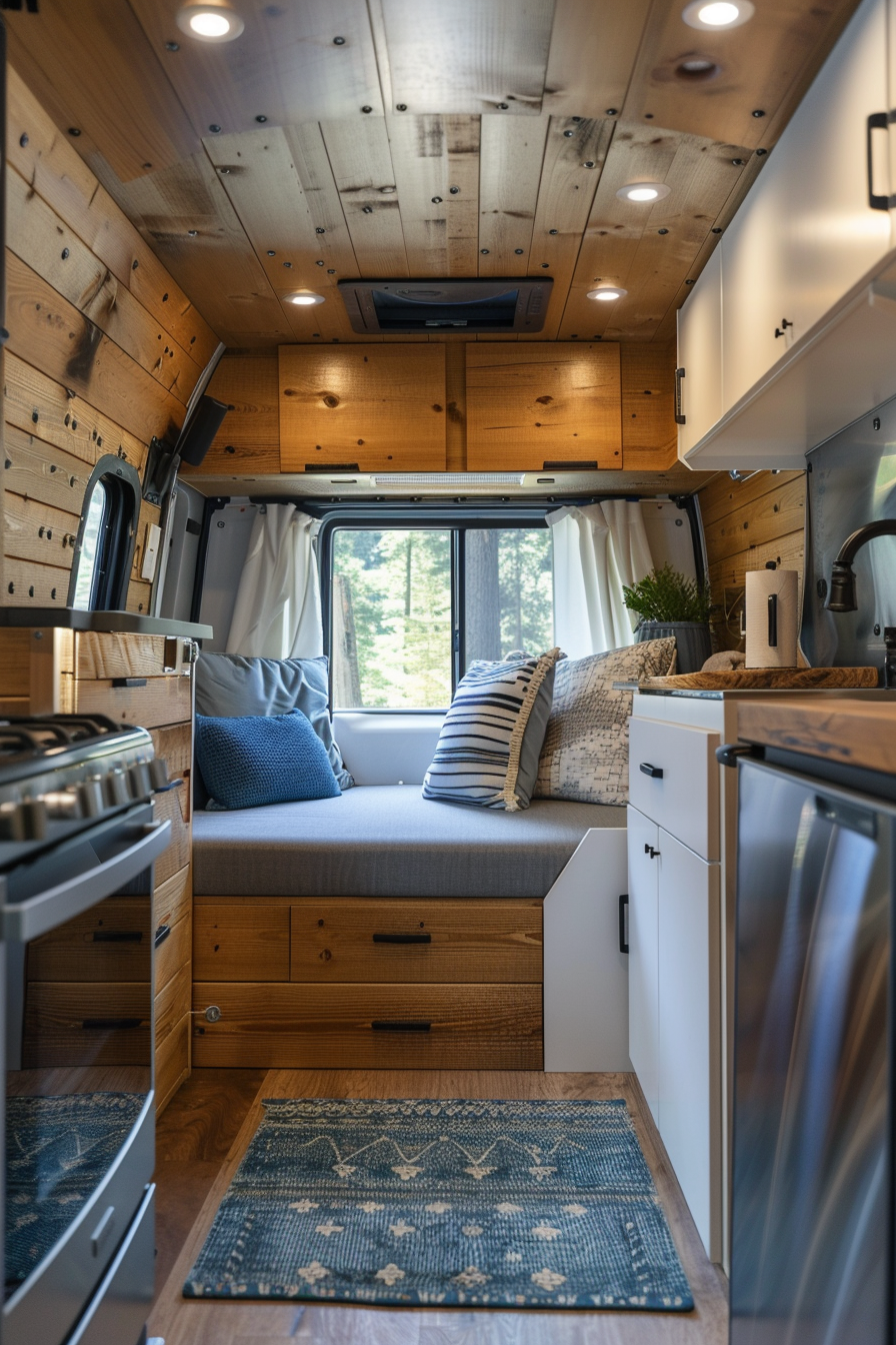 View of a small camper interior. Pine wood kitchenette with silver appliances and a small blue rug.