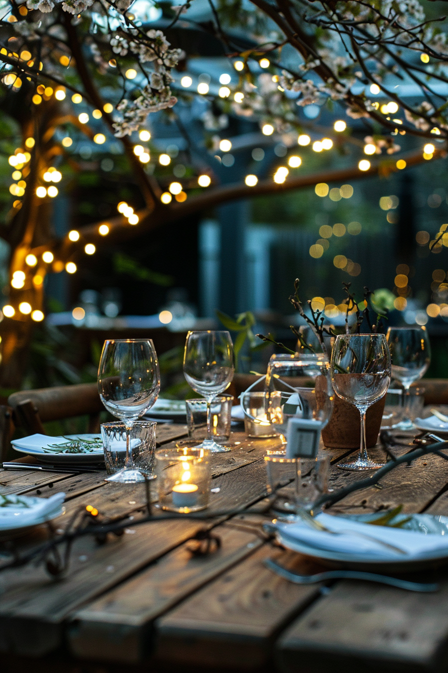 Backyard dinner party table decor. A vintage wood table with white porcelain dishes, wine glasses, and silver cutlery, arranged underneath fairy lights intertwined with  cherry blossom branches.