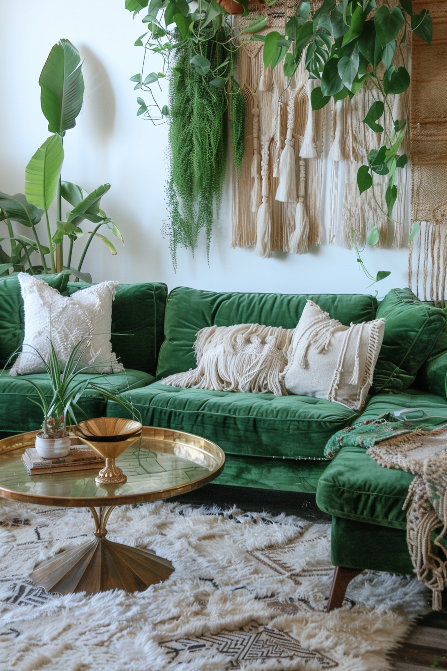 Boho designed living room. Green velvet sofa with fringe, a brass coffee table, cream shag rug, and accented grass and plant wall installation.