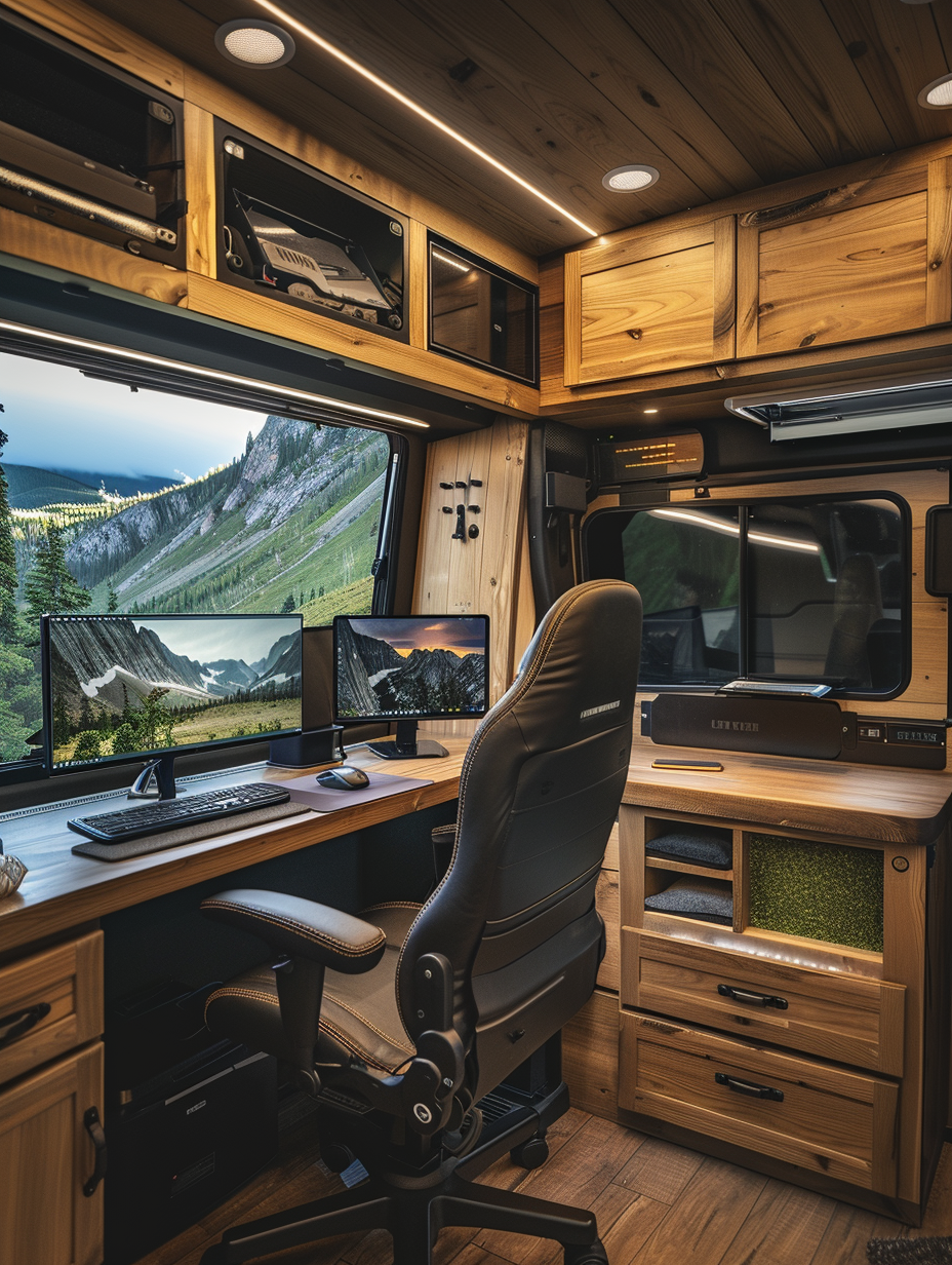 Interior of an RV. Natural oak finish workspace at the rear with a large panoramic window, mounted fold-out secondary monitor, ergonomic office chair and surrounded by organized storage units.