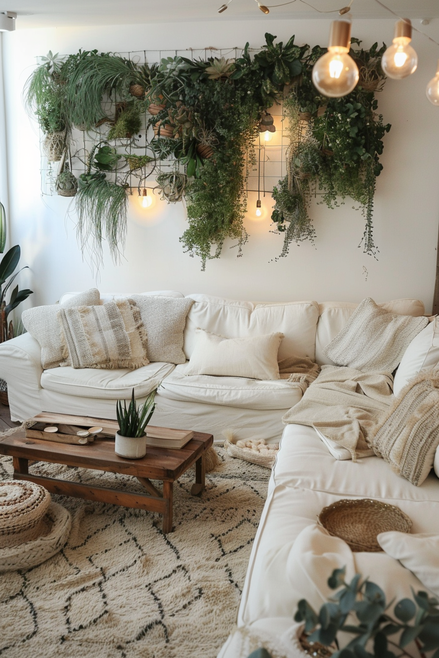 Boho-designed living room. Pale ivory natural fiber area rug with grass and low-height succulents wall installation.