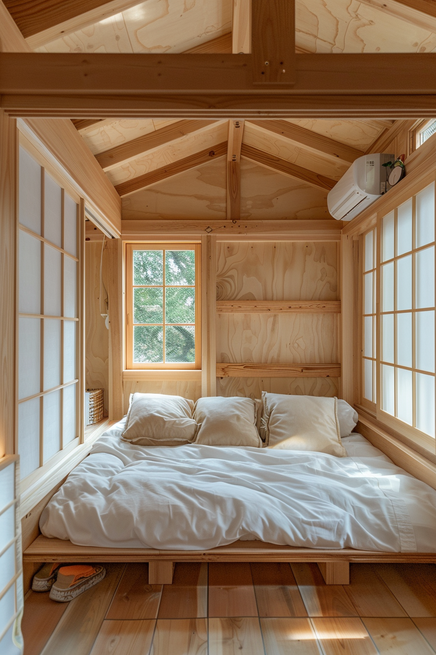 Interior of Japanese Tiny House. Light wood finish with white minimalistic bedding.