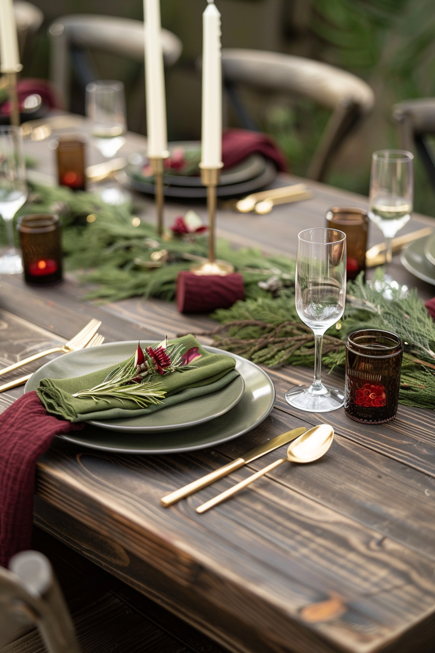 Backyard dinner party table decor. Dark wooden table embellished with olive green table runner garnished with gold cutlery, burgundy napkins, and accompanied by tuna-white candles in rustic bronze holders.