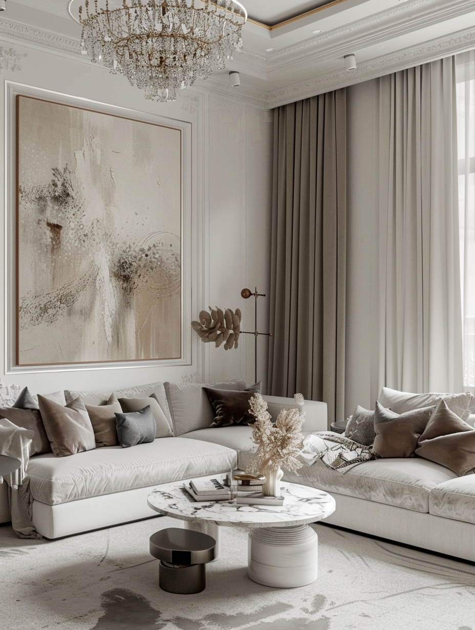 Luxurious modern living room interior design. High ceiling paired with an exaggerated crystal chandelier, delicate white color palette softened with velvet upholstery, wide-open windows draped with satin manor curtains, finished with a featured art wall showcasing an oversized contemporary abstract oil painting.