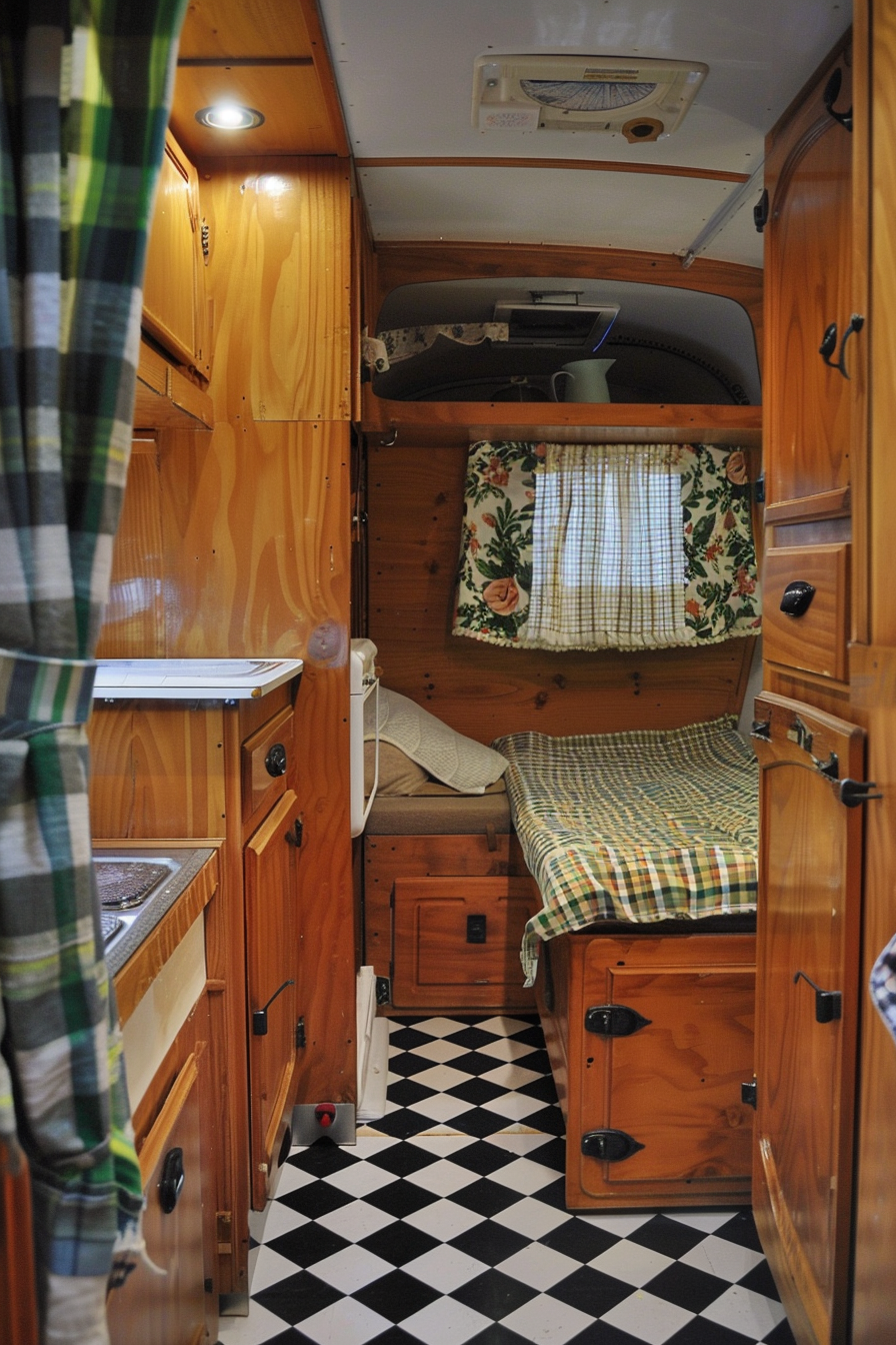 Small camper interior. Wooden cabinetry with checkered floor and drapes.