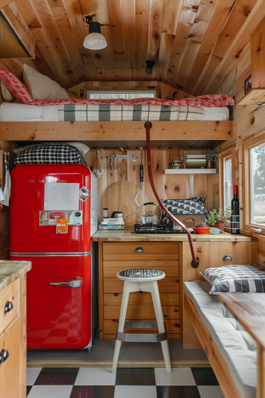 View of a small camper interior. Wooden loft bed over a compact kitchen area with a bright red retro fridge and checkered flooring.