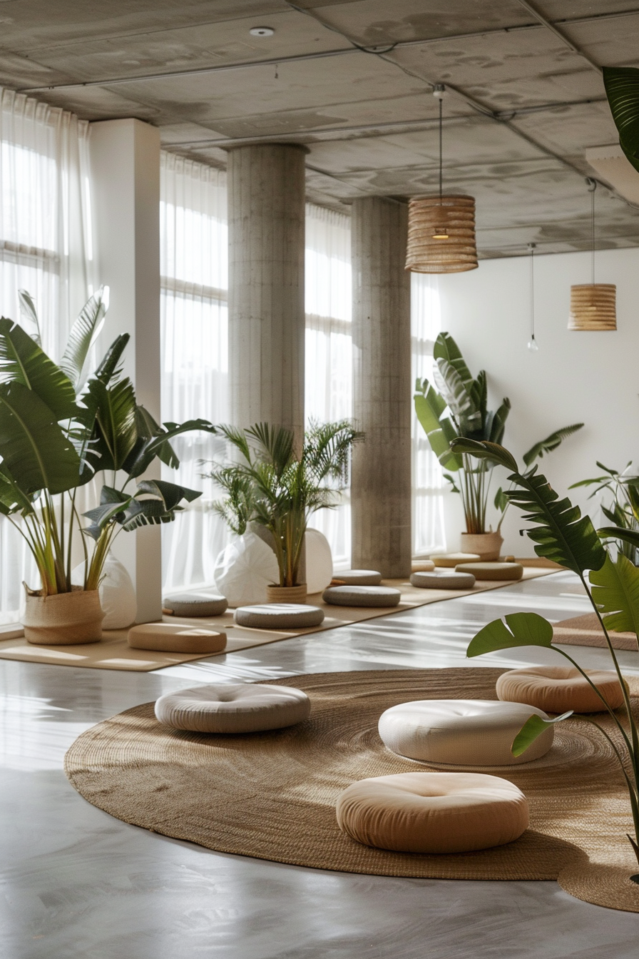 Yoga studio. Expansive room with high ceilings, white walls, large tropical plants scattered throughout and floor to ceiling, west-facing windows allowing generous natural light shining on circle arrangement of multiple earth-toned yoga mats and matching bolsters.