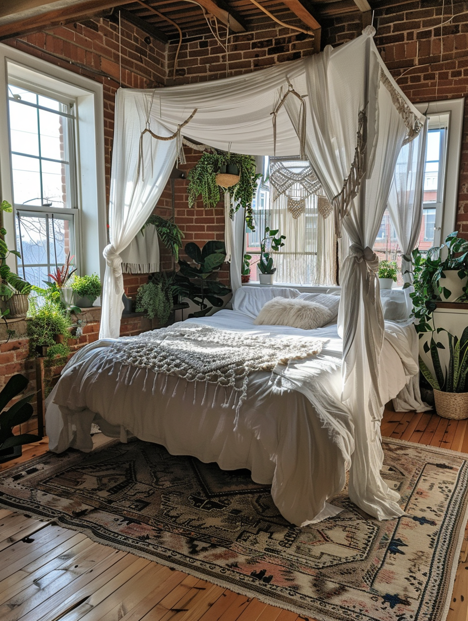 Loft bedroom interior, boho chic style. Exposed brick wall, rustic wooden floor, queen-size canopy bed with white cotton linens, many plants by the window, and a macrame wall hang.