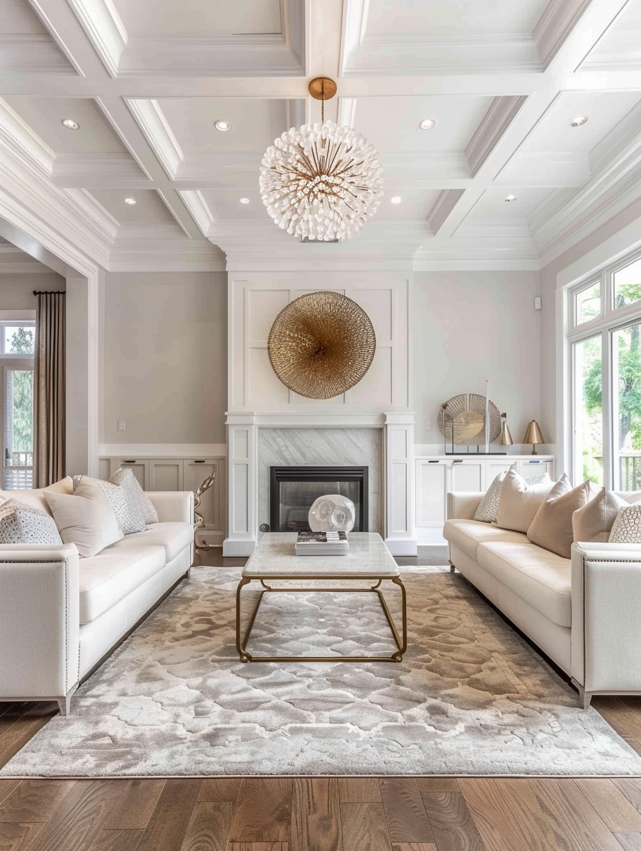 Interior design of a living room. Expansive glass chandelier lighting over an abstract metal wall art, plush white sofas, a sleek marble fireplace, oak wood floors topped with a monochromatic hand-tufted rug, all encompassed by ivory painted walls reaching up to high, coffered ceilings elegantly trimmed with burnished copper.