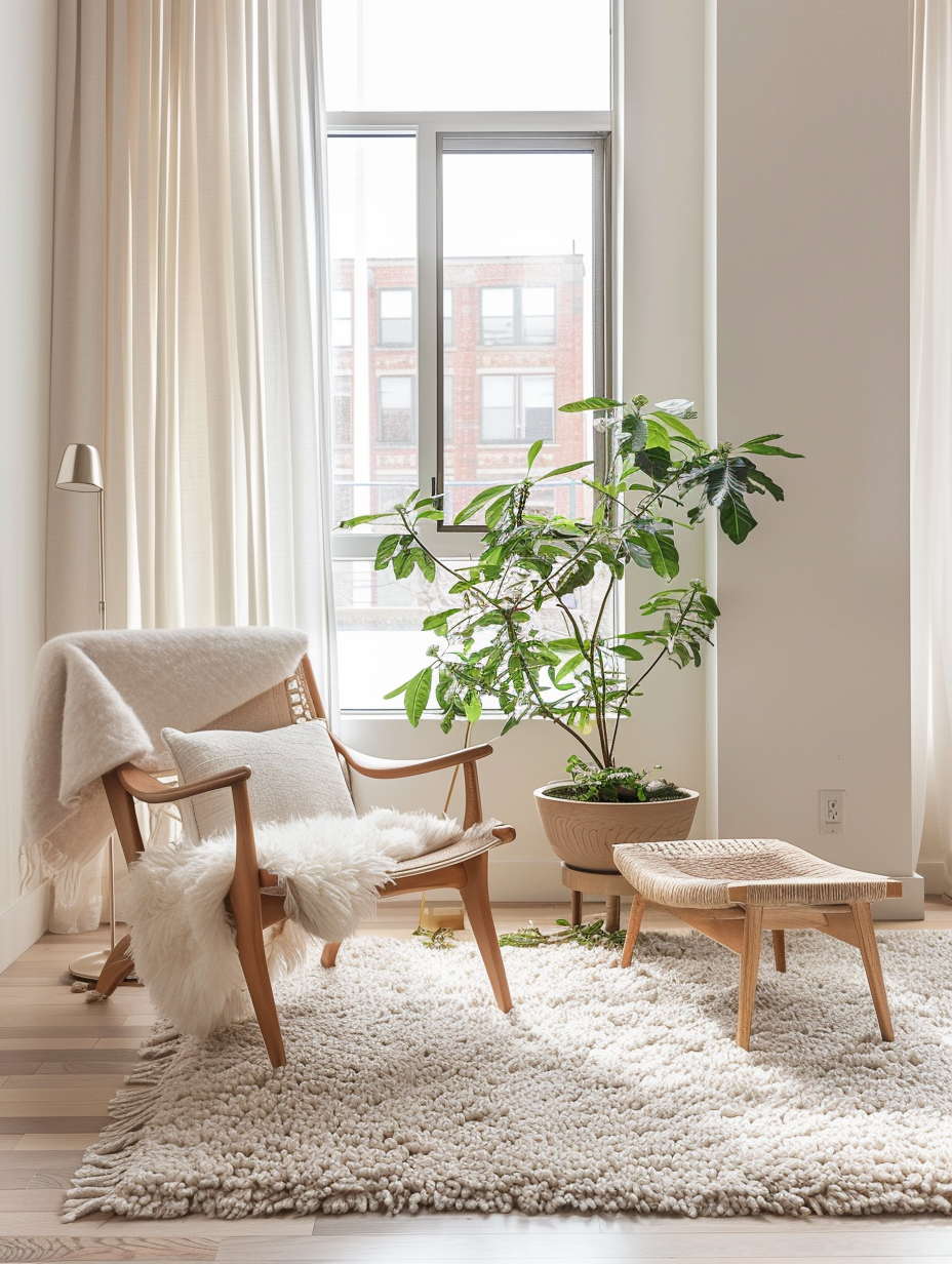 Cozy apartment design. Minimalist interior with soft textured ivory rug, natural wood furniture, and indoor plants placed beside large, open window letting in natural light.