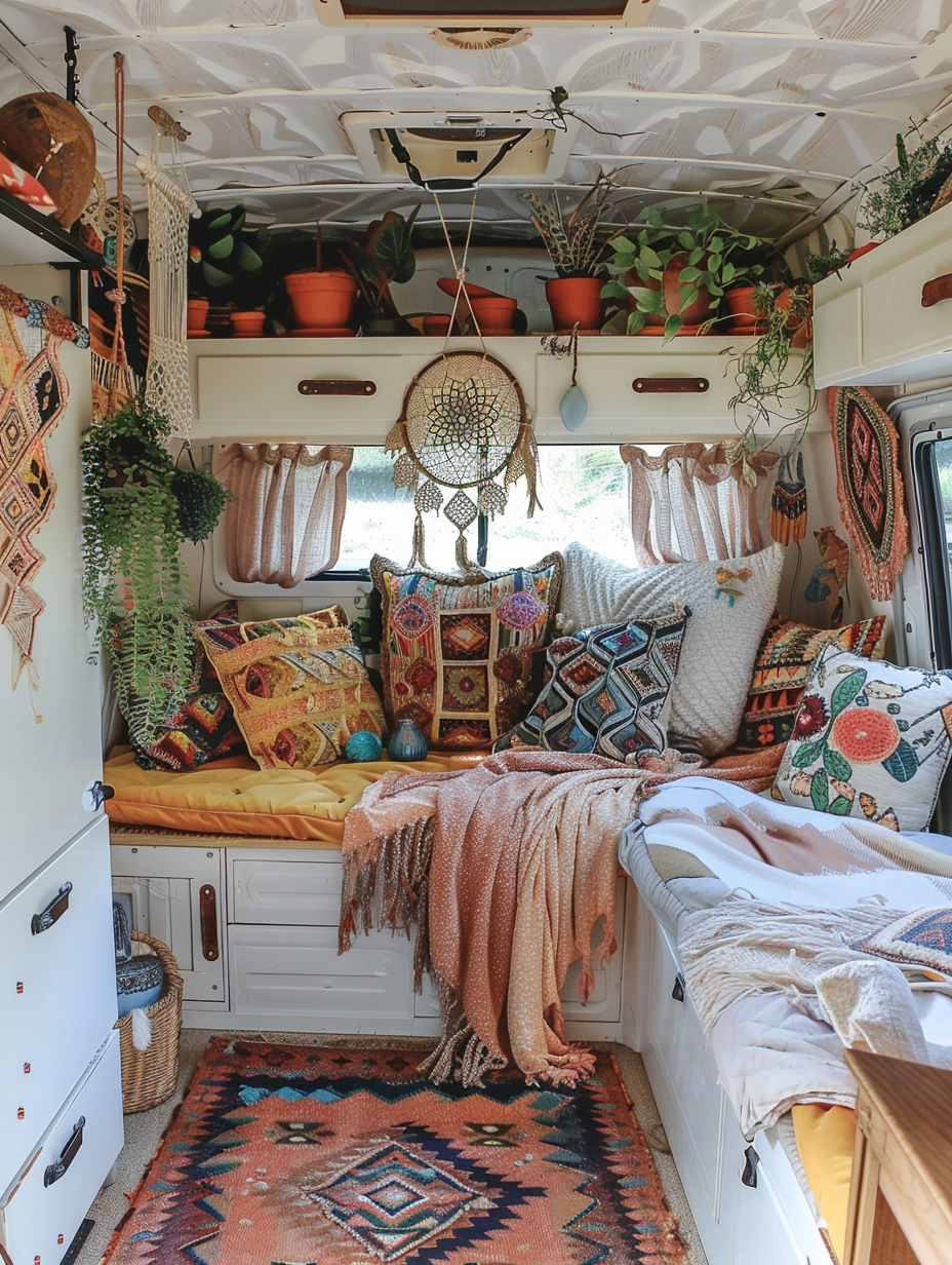 Interior view of a boho camper. Aztec-inspired rug, pastel-colored cushions, hanging terrarium, snug corner bed with a dreamcatcher over it.