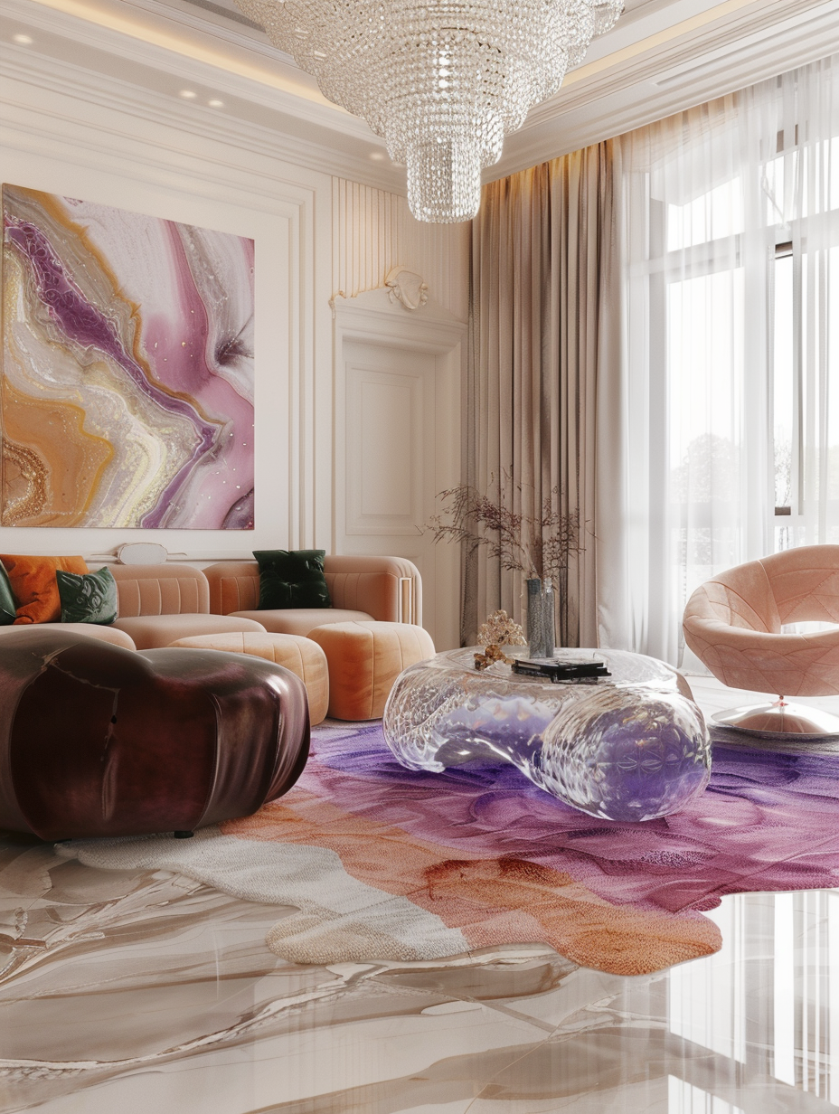 Luxurious, modern interior design of a living room. High gloss marble floor with vibrant color area rugs, monochrome large modern-art pieces on neutral-toned walls with crown moldings. Large, sheer-silk-chain-hung chandelier cascading through high ceiling towards a crystal-clear glass coffee table.