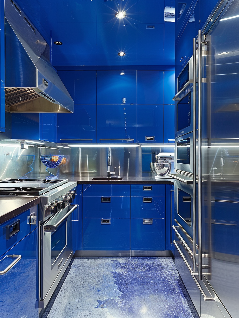 Kitchen design. Bright blue cabinetry with brushed steel handles.