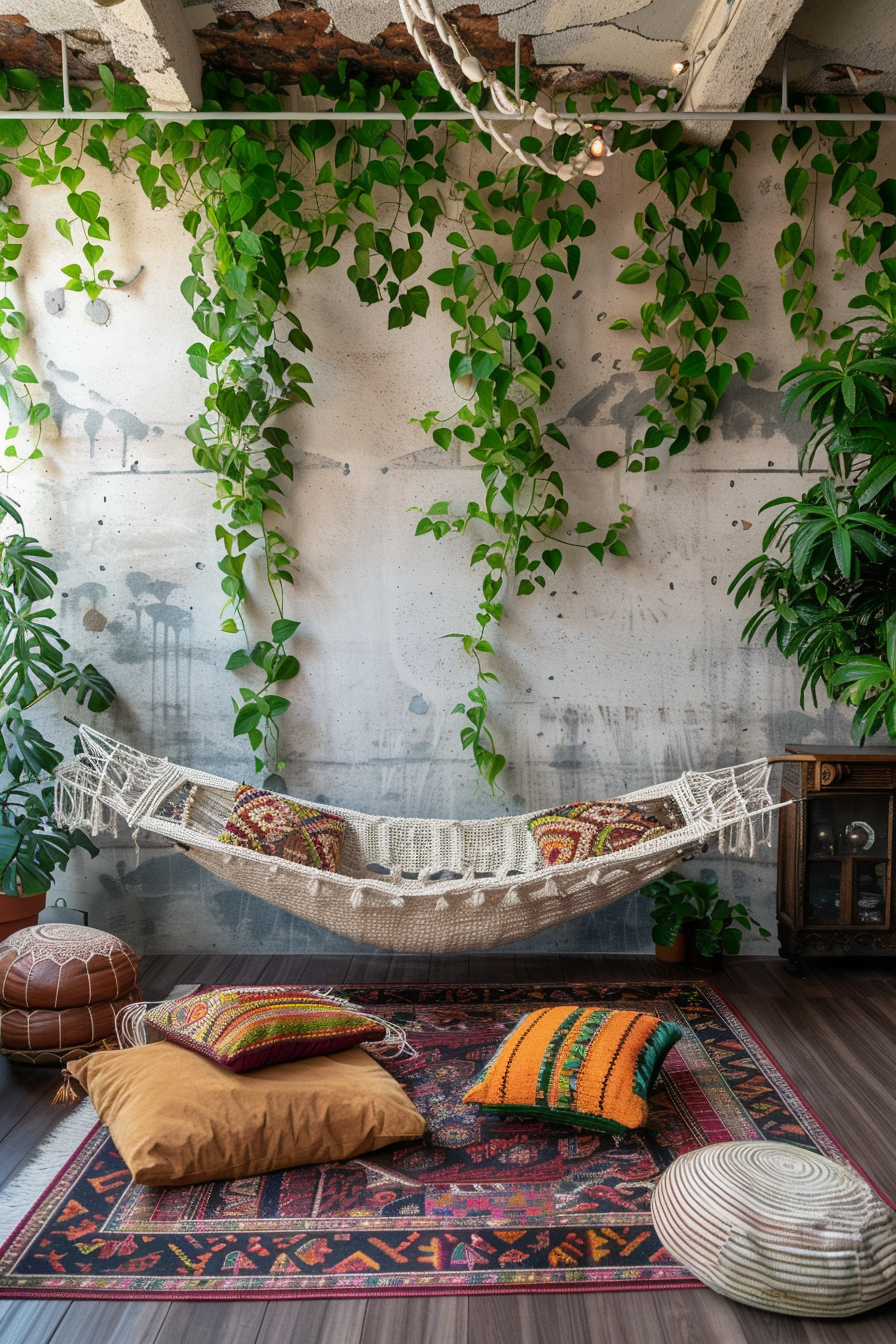 Living room design. Bohemian style with earth-toned floor cushions, macrame hung hammock and stacked epiphytical tall green plant installation wall feature.