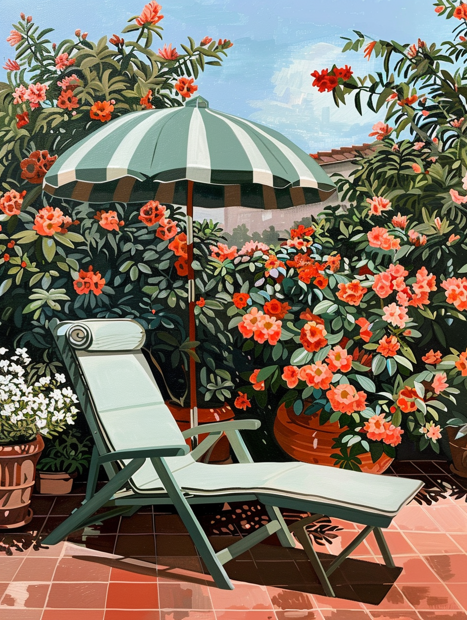 Urban Rooftop. Foam green lounge chair under a striped parasol, surrounded by terracotta planters full of red and white azaleas.