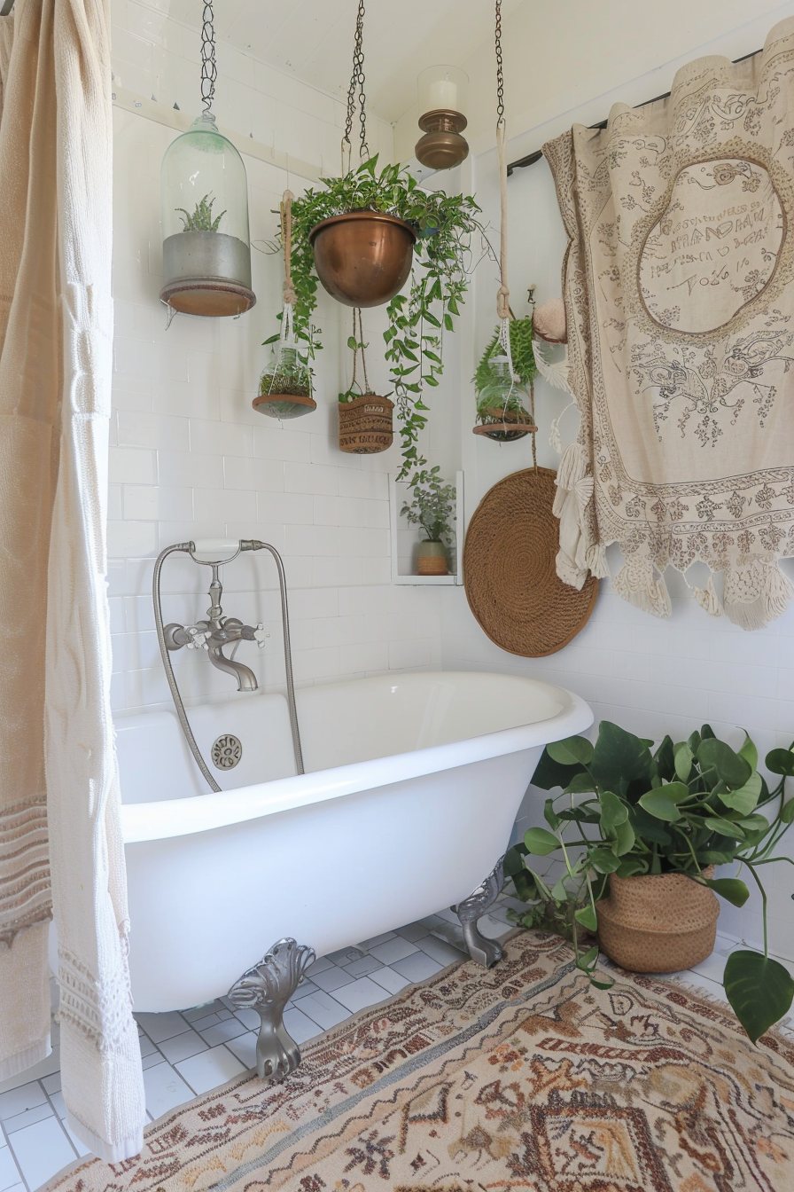 Earthy Boho Bathroom. White claw foot tub with patterned tan shower curtain and hanging terrariums.