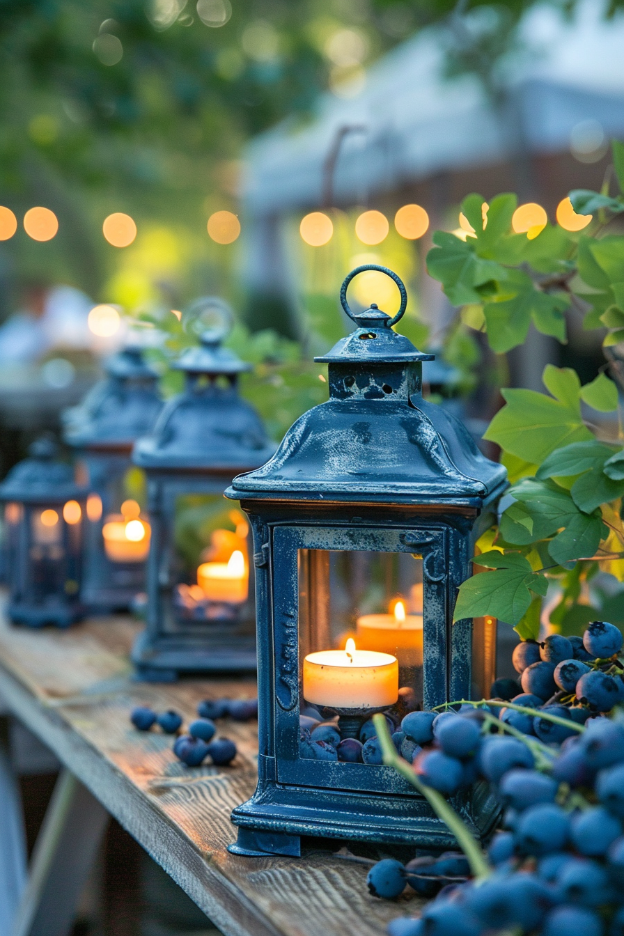 Glamping decoration. Hampton blue wrought iron lanterns filled with aromatic blueberry delight candles.