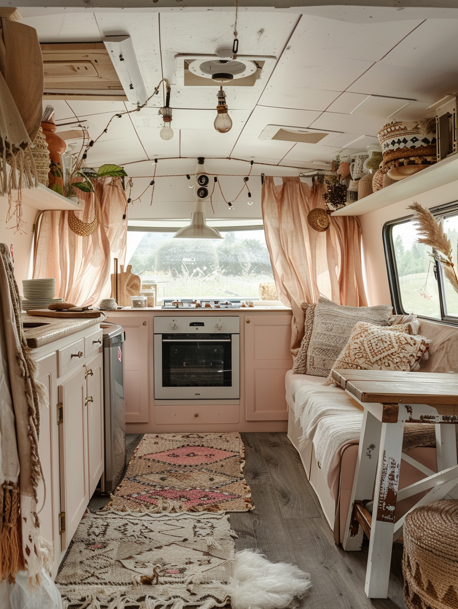 Boho-designed camper interior. Full view of coral pastel colored kitchenette with Aztec pattern curtains and teakwood table.