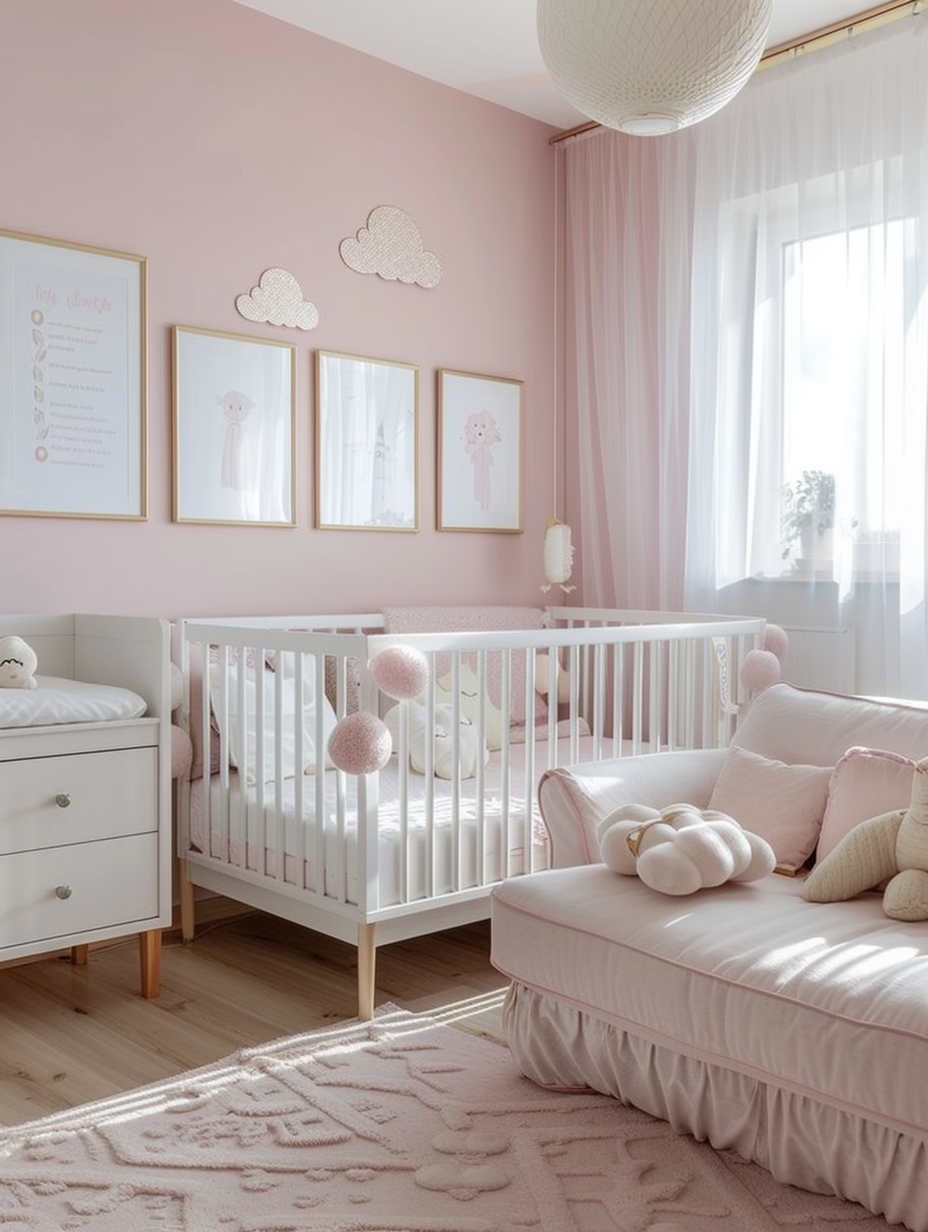 Modern Pink Nursery. Pale pink walls adorned with white cloud decals, plush pastel area rug, crisp white crib accented with gold detailing, sofa bed with throw pillows in various shades of pink, framed children's prints on walls, minimalist wooden chest of drawers, whitewashed parquet flooring, sheer white flowing curtains and clutter-free space.