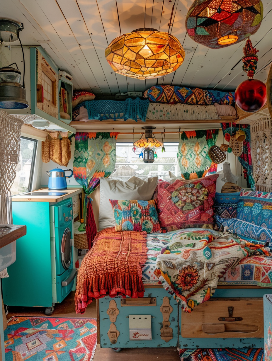 Boho-designed camper. Brightly colored vintage Volkswagen with patterned interior drapes, wooden panels, rounded lanterns, hanging macrame decor, overstuffed cushions on a diamond-shaped rug, with a teal mini fridge in sight, a visible kitchenette complete with bright rustic teapot on stove, and a neatly made twin bed with an earth-toned patchwork quilt in the rear.