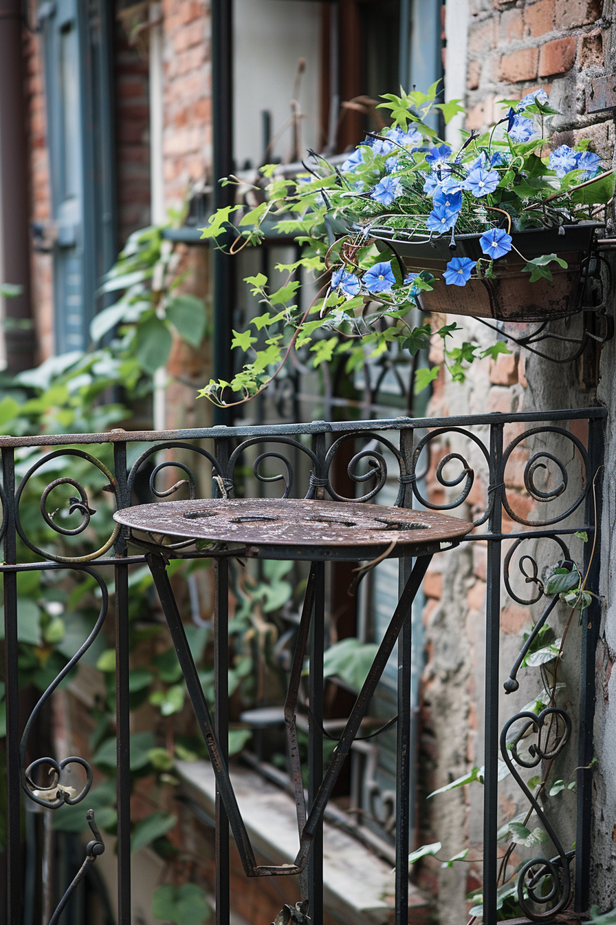 Small urban balcony. Iron railings entwined with morning glory vines. Rusty metal table set.