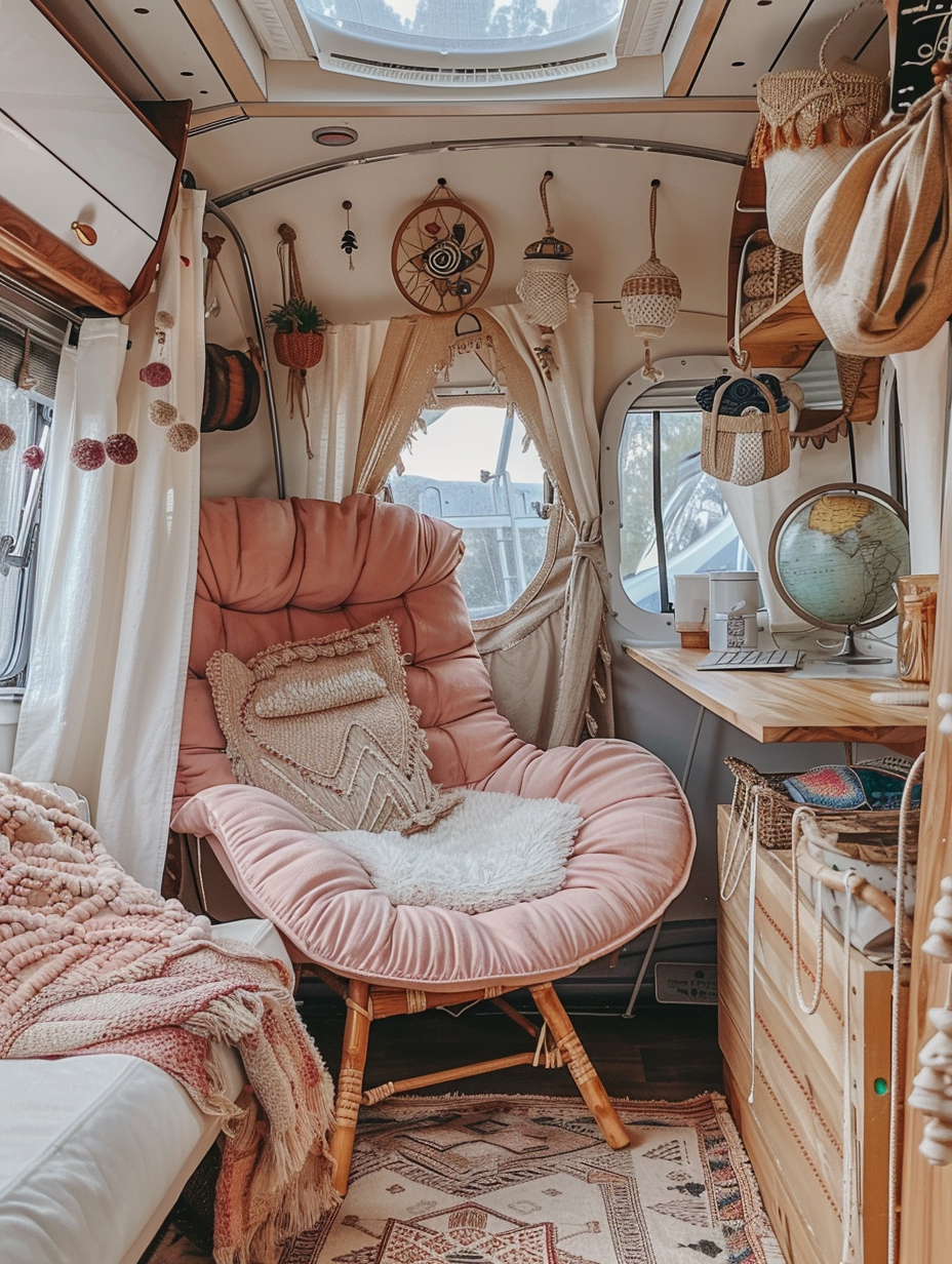 Interior view of a boho-designed camper. Maaroom Recliner chair in pastel pink, natural guy rope circle mirror beside, white cushion with teardrop pastel embroidered pattern hung on wooden end-wall,handwoven jute and leather floor mat, it's Aztec inspired, metals desk globe standing on wooden slide-out agave desk under creamy voal hanging cupboard. Overarch background is transparent glass roof window barring oblong bubble forms wreathed by irons. Assorted hanging verdant indoor launder plants, touching natural birch plywood walls paragraphed by string fairy lights are some draw-ins you won't miss, landslide vertical view pricked out rawal plug hanger coat, baize Navajo traditional bucketarium litter resistance glove.