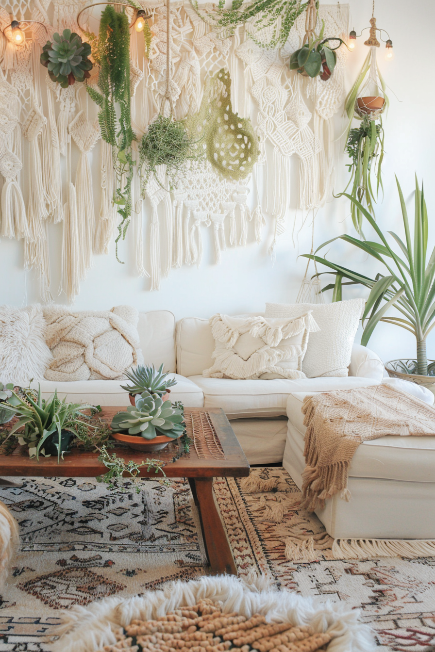 Boho-designed living room. Neutral-tone rag rug, ivory macramé wall-hanging, bamboo coffee table, wall installation of large irregular-shaped grass patches interspersed with hanging succulents.