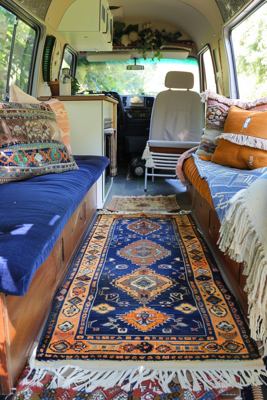 Boho Camper Van. Peacock blue runner rug with tasseled ends