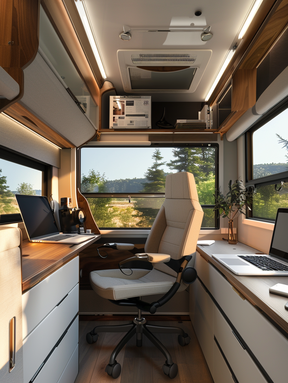 Interior of an RV for remote working and living. Upper cabinets fitted with mesh workPOLOutput: Interior of an RV for remote working and living. Centralized compact working station with extendable desk and ergonomic swivel chair.