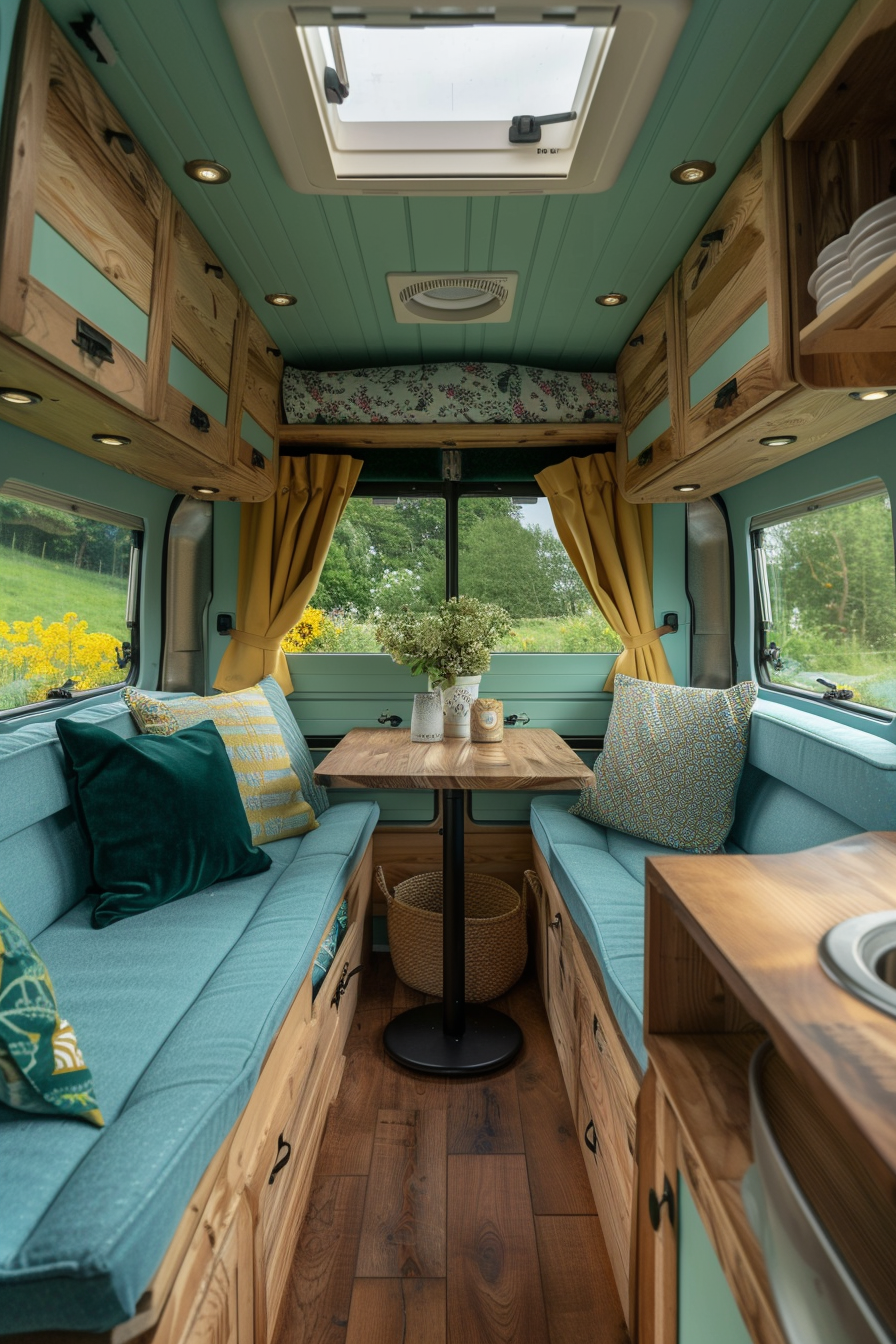 View of a small camper interior. Light oak wooden furniture with turquoise upholstery.